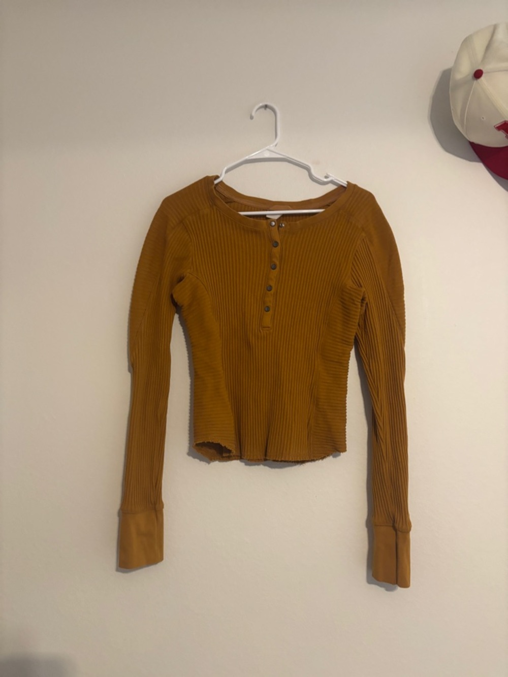 Free People Ribbed Henley Long Sleeve Top - Mustard Brown